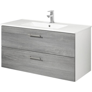 Waschtisch WELLTIME Trento in verschiedenen Ausführungen Unterschrank inkl. Waschbecken, weiß, eiche grau, weiß, B:100cm H:52cm T:45cm, Waschtische, Badmöbel in Breite 100 cm, Waschplatz mit 2 Schubladen, Badschrank