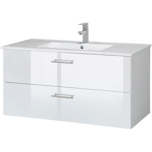 Waschtisch WELLTIME Trento in verschiedenen Ausführungen Unterschrank inkl. Waschbecken, weiß, weiß hochglanz, weiß, B:100cm H:52cm T:45cm, Waschtische, Badmöbel in Breite 100 cm, Waschplatz mit 2 Schubladen, Badschrank