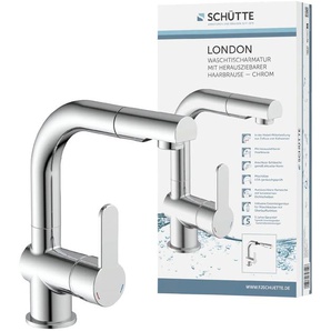 Waschtischarmatur SCHÜTTE LONDON Armaturen Gr. B/H: 5,5 cm x 19,6 cm, silberfarben (chrom) Waschtischarmaturen mit herausziehbarere Brause und Ablaufgarnitur, Pop Up Abflussstopfen