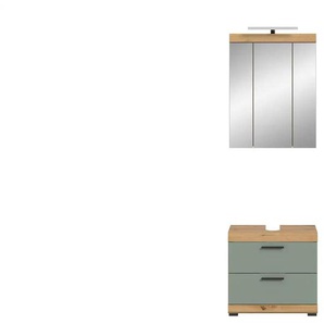 Badmöbel-Set SCHLOONSEE  2 teilig  inklusive LED Beleuchtung  bestehend aus: Waschbeckenunterschrank  Spiegelschrank  LED Badaufsatzleuchte  Schloonsee ¦ grün ¦ Maße (cm): B: 60 H: 191