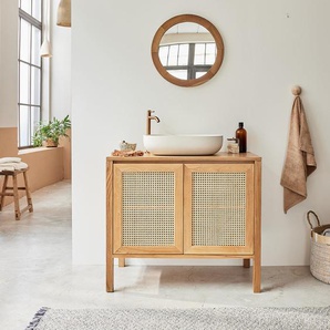 Waschtischunterschrank aus massivem Teakholz und Rohrgeflecht 90 cm
