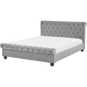 Wasserbett Hellgrau Samtstoff mit Matratze 140 x 200 cm Heizung Hohes Kopfteil Chesterfield Style Knopfheftung Versteppt Holzbeine Schlafzimmer