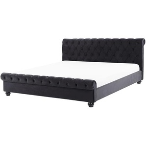 Wasserbett Schwarz Samtstoff mit Matratze 140 x 200 cm Heizung Hohes Kopfteil Chesterfield Style Knopfheftung Versteppt Holzbeine Schlafzimmer
