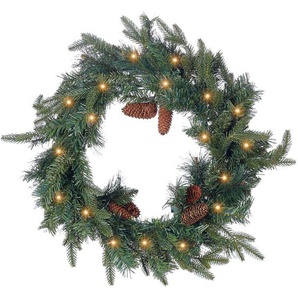 Weihnachtsdekoration Kranz Grün Kunststoff Rund mit LED-Beleuchtung Timer Tannenzweigen Zapfen Modern Türdeko Tischdeko Innenbereich Wanddeko