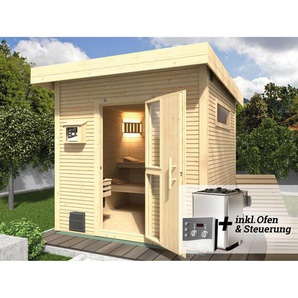 Weka Design-Saunahaus Kuopio natur, mit 9 kW OS-Ofenset, analoger Steuerung 238 x 238 x 253 cm