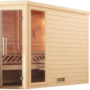 weka Sauna Massivholzsauna TURKU 3, BxTxH: 248 x 198 x 205 cm, 45 mm, Blockbohlen, Fensterelement, moderne Ganzglastür