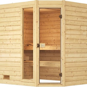 weka Sauna Massivholzsauna VALIDA Eck 3, BxTxH: 239 x 189 x 203,5 cm, 38 mm, Blockbohlen, Fensterlement, moderne Ganzglastür