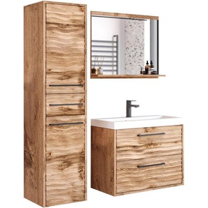 welltime Badmöbel-Set Canada, (Komplett-Set, 3-St., Fronten mit Wellenstruktur), Badmöbel mit Soft-Close, Waschtisch mit Becken, Spiegel und Badschrank
