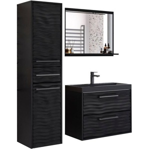 welltime Badmöbel-Set Canada, (Komplett-Set, 3-St., Fronten mit Wellenstruktur), Badmöbel mit Soft-Close, Waschtisch mit Becken, Spiegel und Badschrank