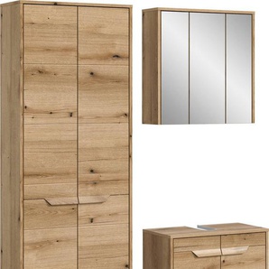 welltime Badmöbel-Set Kayu, bestehend aus: Hochschrank, Waschbeckenunterschrank, Spiegelschrank, hochwertige MDF Front mit Rillenfräsung, Bad, Bad Set