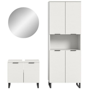 welltime Badmöbel-Set Litica, Breite 155 cm, hochwertige Rillenfräsung, Metallkufen, (3-St), best. aus.: Waschbeckenunterschrank, Spiegelschrank, Hochschrank