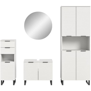 welltime Badmöbel-Set Litica, Breite 205 cm, hochwertige Rillenfräsung, Metallkufen, (4-St), Unterschrank, Waschbeckenunterschrank, Spiegelschrank, Hochschrank