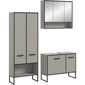 welltime Badmöbel-Set Locri, Breite 154 cm, Rillenoptik, Metallkufen, (3-St), best. aus: Hochschrank, Waschbeckenunterschrank, Spiegelschrank