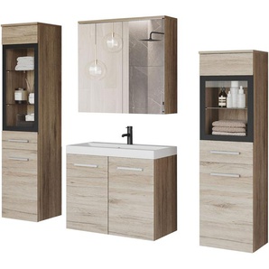 welltime Badmöbel-Set MADRIT II, Schrank mit Waschbecken, 2 Hänger, Spiegelschrank, (Komplett-Set, 5-St), Hängende Badmöbel mit Glaseinsätzen – in vielen Farben erhältlich