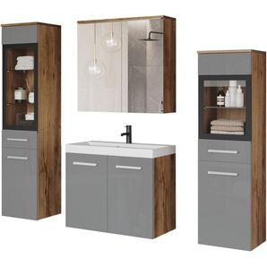 welltime Badmöbel-Set MADRIT II, Schrank mit Waschbecken, 2 Hänger, Spiegelschrank, (Komplett-Set, 5-St), Hängende Badmöbel mit Glaseinsätzen – in vielen Farben erhältlich