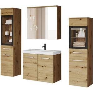 welltime Badmöbel-Set MADRIT II, Schrank mit Waschbecken, 2 Hänger, Spiegelschrank, (Komplett-Set, 5-St), Hängende Badmöbel mit Glaseinsätzen – in vielen Farben erhältlich