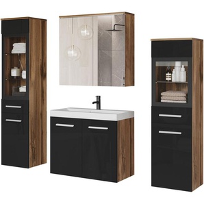 welltime Badmöbel-Set MADRIT II, Schrank mit Waschbecken, 2 Hänger, Spiegelschrank, (Komplett-Set, 5-St), Hängende Badmöbel mit Glaseinsätzen – in vielen Farben erhältlich