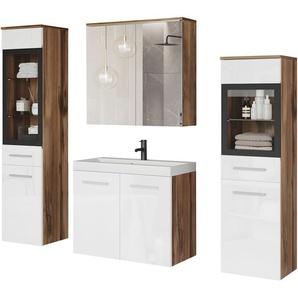 welltime Badmöbel-Set MADRIT II, Schrank mit Waschbecken, 2 Hänger, Spiegelschrank, (Komplett-Set, 5-St), Hängende Badmöbel mit Glaseinsätzen – in vielen Farben erhältlich