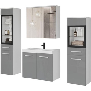 welltime Badmöbel-Set MADRIT II, Schrank mit Waschbecken, 2 Hänger, Spiegelschrank, (Komplett-Set, 5-St), Hängende Badmöbel mit Glaseinsätzen – in vielen Farben erhältlich
