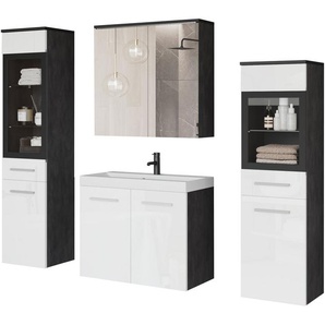 welltime Badmöbel-Set MADRIT II, Schrank mit Waschbecken, 2 Hänger, Spiegelschrank, (Komplett-Set, 5-St), Hängende Badmöbel mit Glaseinsätzen – in vielen Farben erhältlich