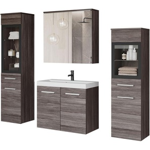 welltime Badmöbel-Set MADRIT II, Schrank mit Waschbecken, 2 Hänger, Spiegelschrank, (Komplett-Set, 5-St), Hängende Badmöbel mit Glaseinsätzen – in vielen Farben erhältlich