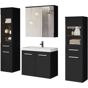 welltime Badmöbel-Set MADRIT II, Schrank mit Waschbecken, 2 Hänger, Spiegelschrank, (Komplett-Set, 5-St), Hängende Badmöbel mit Glaseinsätzen – in vielen Farben erhältlich