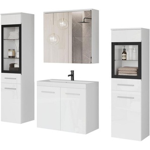 welltime Badmöbel-Set MADRIT II, Schrank mit Waschbecken, 2 Hänger, Spiegelschrank, (Komplett-Set, 5-St), Hängende Badmöbel mit Glaseinsätzen – in vielen Farben erhältlich