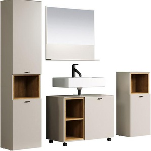 welltime Badmöbel-Set San Pedro, (Komplett-Set, 4-St), Bestehend aus Hochschrank, Waschtisch, Wandspiegel und Unterschrank