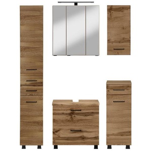 welltime Badmöbel-Set Trento, Badezimmer-Set, Hängeschrank, Unterschrank, Hochschrank, (5-St), Waschbeckenunterschrank, Spiegelschrank inkl. Aufbauleuchte