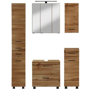 welltime Badmöbel-Set Trento, Badezimmer-Set, Hängeschrank, Unterschrank, Hochschrank, (5-St), Waschbeckenunterschrank, Spiegelschrank inkl. Aufbauleuchte