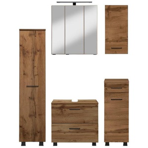 welltime Badmöbel-Set Trento, Badezimmer-Set, Hängeschrank, Unterschrank, Midischrank, (5-St), Waschbeckenunterschrank, Spiegelschrank inkl. Aufbauleuchte