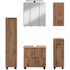 welltime Badmöbel-Set Trento, Badezimmer-Set, Hängeschrank, Unterschrank, Midischrank, (5-St), Waschbeckenunterschrank, Spiegelschrank inkl. Aufbauleuchte