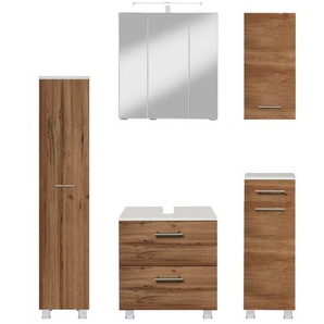 welltime Badmöbel-Set Trento, Badezimmer-Set, Hängeschrank, Unterschrank, Midischrank, (5-St), Waschbeckenunterschrank, Spiegelschrank inkl. Aufbauleuchte