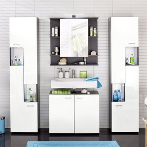 welltime Hochschrank Tias Badezimmerschrank mit 2 offenen Fächern - Badschrank in Weiß Hochglanz