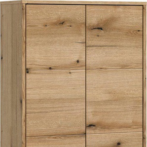 welltime Midischrank Kayu, Höhe 132cm, stehend/hängend montierbar, 2 Türen, 3 Einlegeböden einzigartiges Griffdesign, Badschrank, Bad-Möbel, Badezimmer, Bad