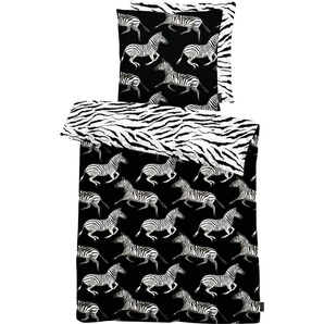 Wendebettwäsche APELT Theo Bettwäsche Gr. B/L: 135 cm x 200 cm (1 St.), B/L: 80 cm x 80 cm (1 St.), Mako-Satin, schwarz (schwarz, weiß) Bettwäsche 135x200 cm Kunstvoll gemalte Zebras und auf der Rückseite im Zebramuster