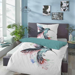 Wendebettwäsche BIBERNA Elenor Bettwäsche Gr. B/L: 155 cm x 220 cm (1 St.), B/L: 80 cm x 80 cm (1 St.), Linon, blau (aqua) Bettwäsche 155x220 cm 100% Baumwolle, Bett-und Kopfkissenbezug mit Reißverschluß