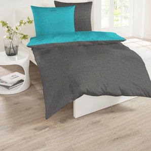 Wendebettwäsche SCHIESSER Doubleface Bettwäsche Gr. B/L: 155 cm x 220 cm (1 St.), B/L: 80 cm x 80 cm (1 St.), Renforcé, blau (türkis, anthrazit) Renforcé-Bettwäsche Feinbiber kuschelig warm im Winter, Bettwäsche mit Logostickerei