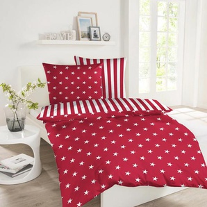 Wendebettwäsche SCHIESSER Sterne Bettwäsche Gr. B/L: 155 cm x 220 cm (1 St.), B/L: 80 cm x 80 cm (1 St.), Feinbiber, rot Bettwäsche Wendebettwäsche Renforcé-Bettwäsche mit Wendeoptik