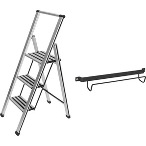 WENKO Trittleiter Modell Alu-Design (2-St), stabile Klapptritt Leiter, rutschsicher, bis 150 kg, mit Leiternhalter