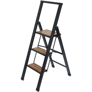 WENKO Trittleiter Modell Alu-Design, rutschsichere XXL-Stufen, robustes Aluminium in Kombination mit Bambus