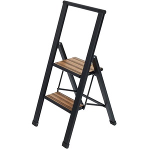 WENKO Trittleiter Modell Alu-Design, rutschsichere XXL-Stufen, robustes Aluminium in Kombination mit Bambus