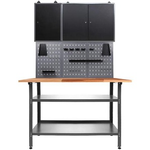 Werkbankset, Anthrazit, Grau, Holz, Metall, Buche, 2 Fächer, 120x205x60 cm, Fsc, Freizeit, Heimwerken, Werkstatt