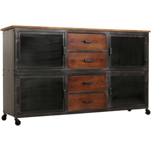 Werkstattwagen HHG 480, Rollwagen, Rollen 4 Schubladen, 3D-Struktur Metall Holz 90x150x40cm schwarz, natur