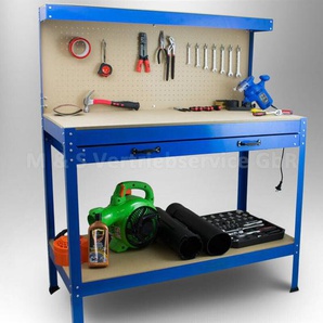 Werktisch Werkbank Arbeitstisch Arbeitsplatte Lochwand Schublade Werkstatt Kompakte Werkbank mit 115 x 55 x 140 cm Blau