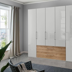 Kleiderschrank WIEMANN Metz Schränke Gr. B/H/T: 246,4 cm x 216 cm x 58 cm, 5 St., weiß (weiß, glas weiß, bianco, eiche, nachbildung, griffe: chrom) Drehtürenschrank Kleiderschrank Drehtürenschränke hochwertige Glasfront inkl. Schubkästen im Holzfarbton