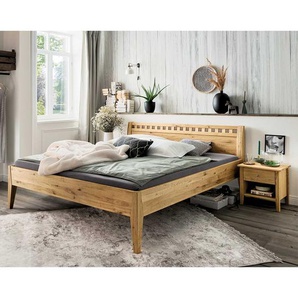 Wildeiche Doppelbett 47 cm Einstiegshöhe zwei Nachtkommoden (dreiteilig)
