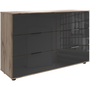 Wimex Schubkastenkommode Leonberg, Sideboard mit 6 Schubladen, mit Glasfront, B/T/H 130/41/83cm, schwarze Metallgriffe