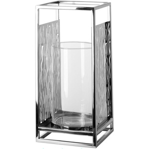 Windlicht FINK Kerzenhalter NICOSA Kerzenhalter Gr. B/H/T: 19 cm x 40 cm x 19 cm, silberfarben Windlichter Laternen aus Edelstahl und Glas, mit ausgestanzten Cut-Outs