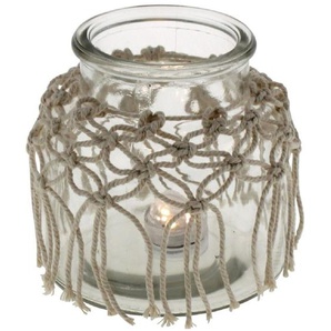 Windlicht Makramee Boho Teelicht Halter 12,5cm Laterne Glas Deko beige Vintage